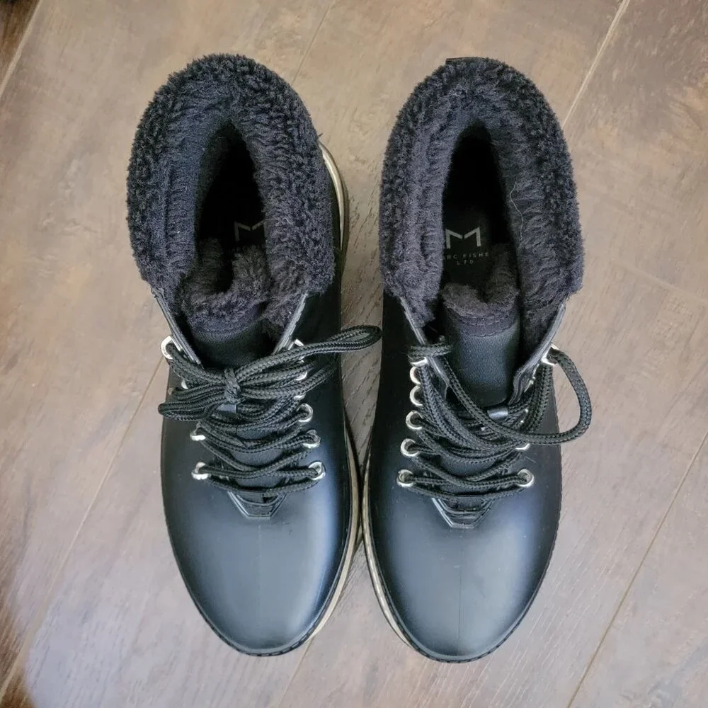 Marc Fisher Combat Rain Boots Womens 9 Chic Shiny City Fur Trim Whimsygoth